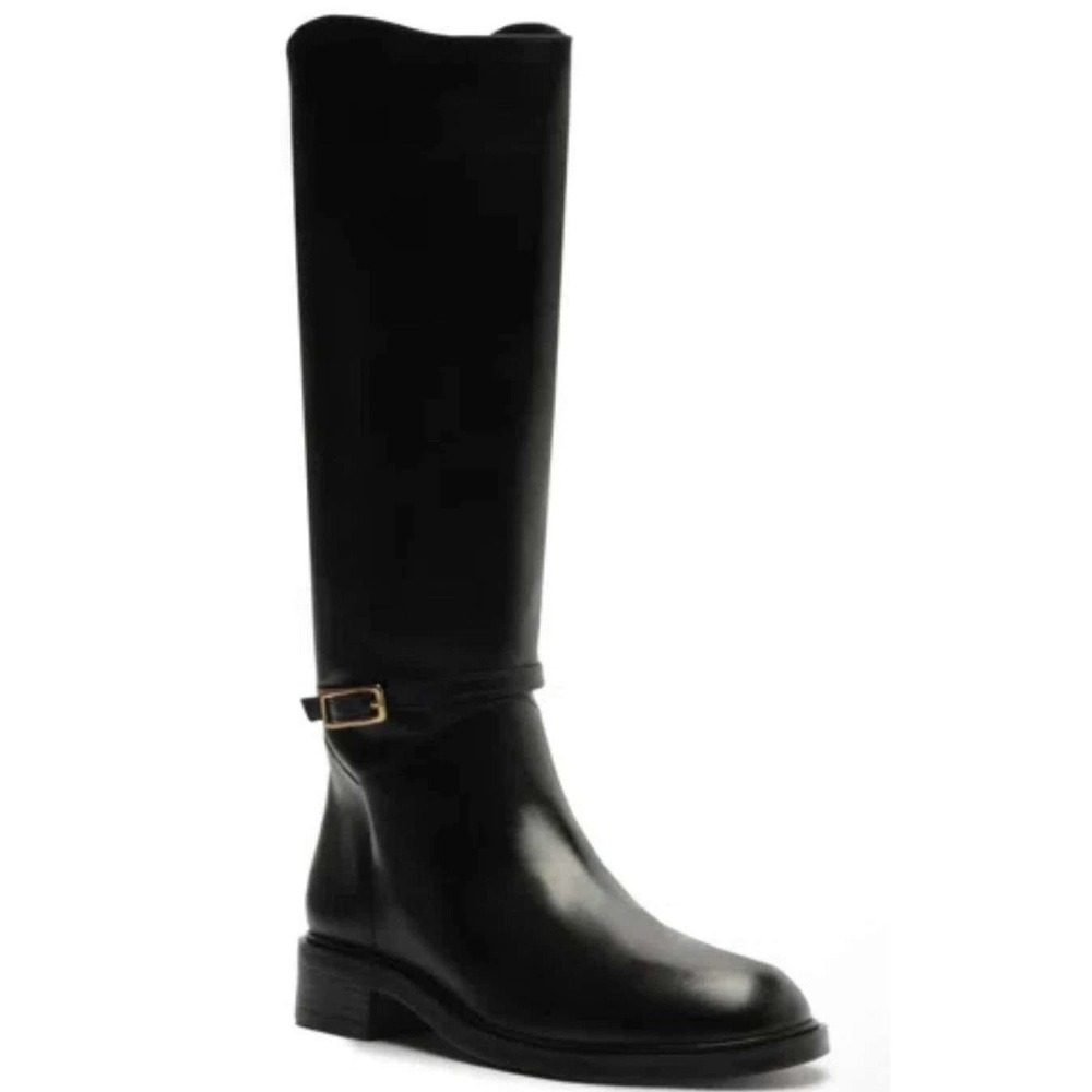 Arezzo‎ Bota Salto Baixo Black Leather Knee High Riding Boots Gold Buckle 8.5M